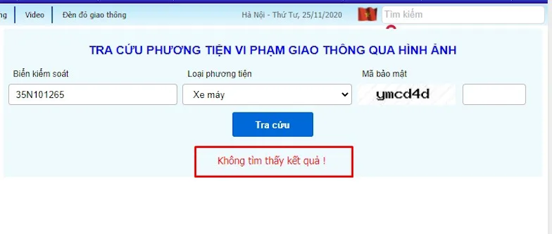 Xe ô tô không vi phạm, hệ thống sẽ trả về dòng thông báo “Không tìm thấy kết quả”